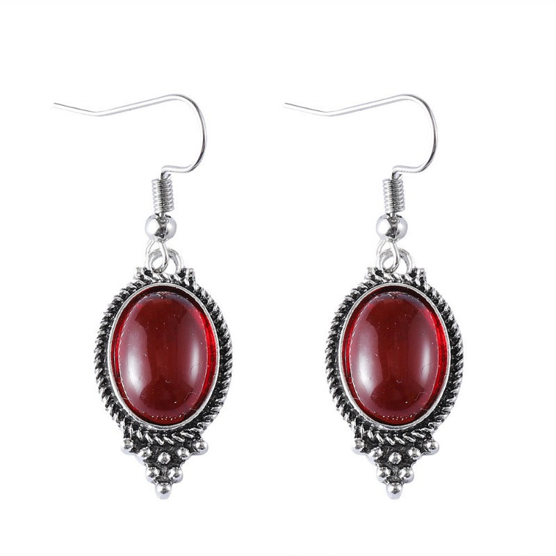 Wholesale Vintage Exquisite Cameo Inlaid Ruby Oval Glass Pendant Fashion Earrings Necklace Set